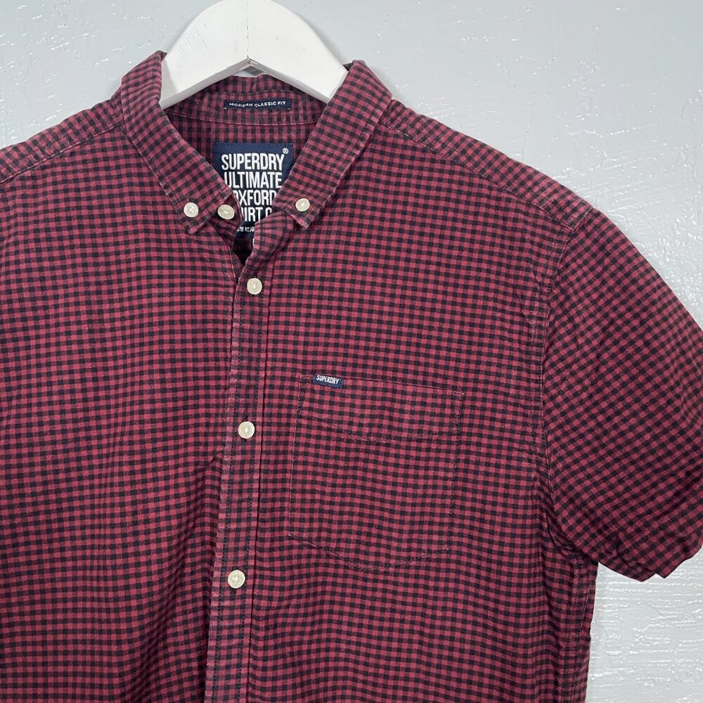 Superdry Men M Black Red Gingham Ultimate Oxford Shirt Short Sleeve Modern Fit - Picture 5 of 11